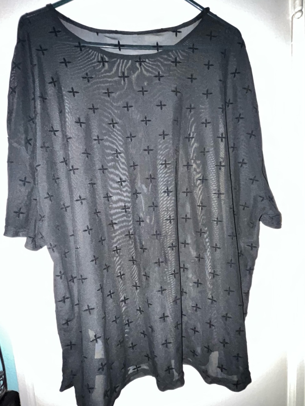 Women's SHEIN Sheer Cross-Pattern Short Sleeve Shirt - Black
